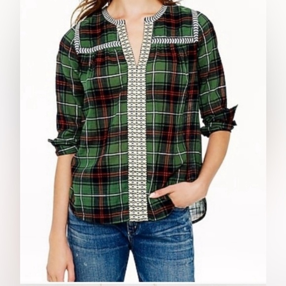 J Crew Plaid size 8 tunic blouse shirt with embroidery details 100% cotton - Picture 1 of 7